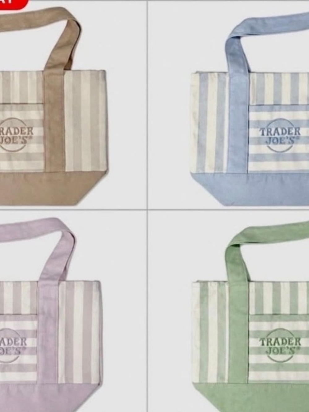 Set Of 4 striped Trader Joe's Canvas Tote Bag — Green,blue,pink & Tan